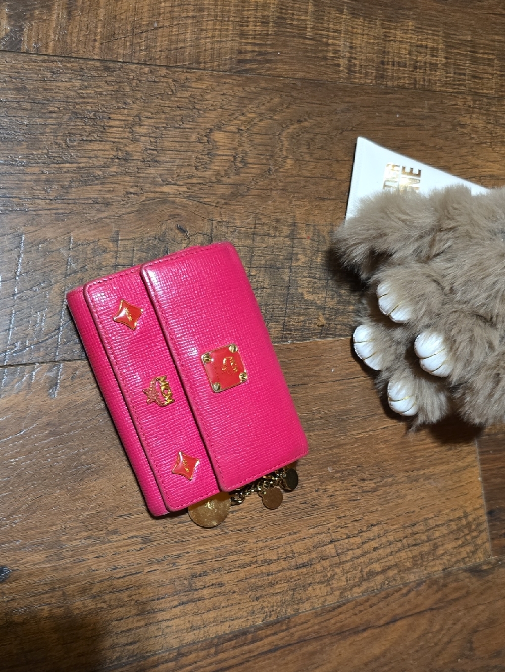Pink Compact Leather Mcm Wallet with Gold Hardware